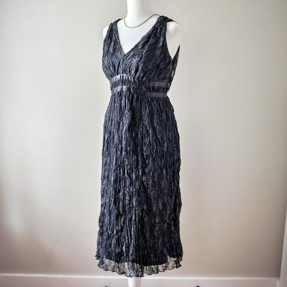 Y2K Gray V Neck Lace Semi formal Cocktail Evening Whimsy goth Midi Dress